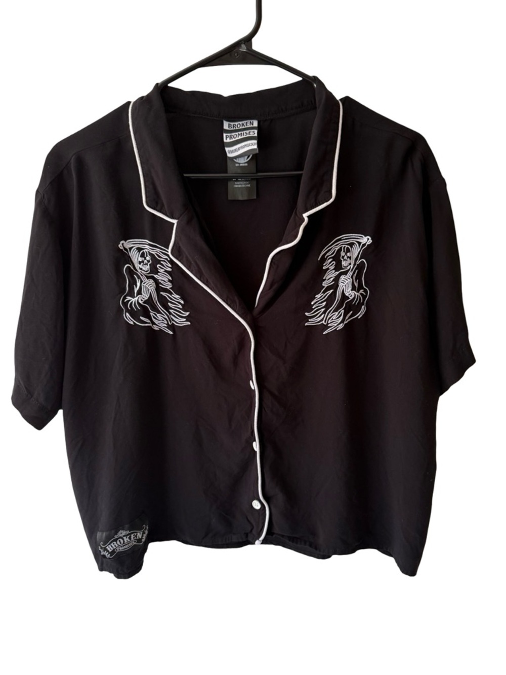 Broken Promises Black Button-Up Shirt with White Piping